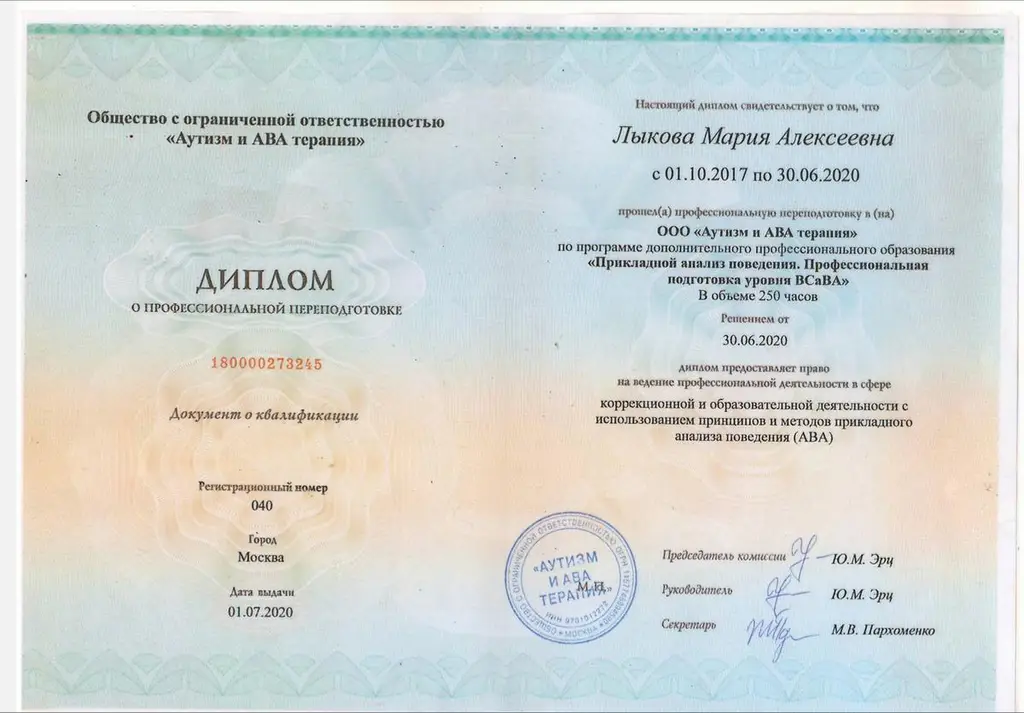 Диплом прикладной анализ поведения профессиональная подготовка уровня BCaBA Мария Лыкова ООО Аутизм и АВА терапия